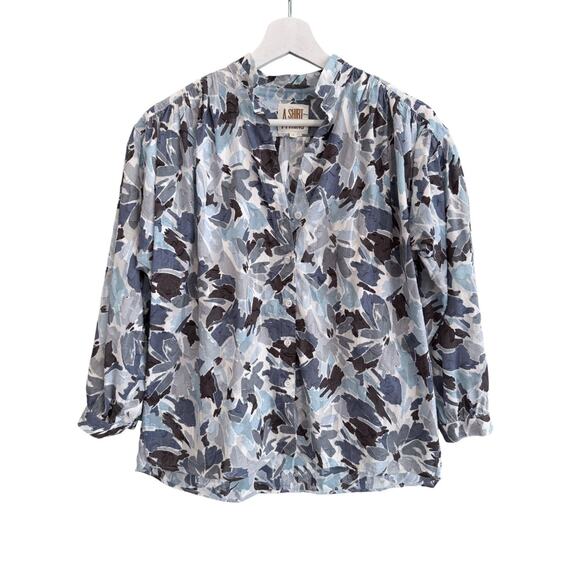 A SHIRT THING Penelope Top Blue Floral Print Size Small Relaxed 3/4 Sleeve Tunic - Picture 2 of 6
